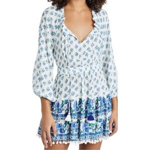 REVOLVE Playa Lucila Printed Mini Dress Floral Ruffle Tiered Long Sleeve White L